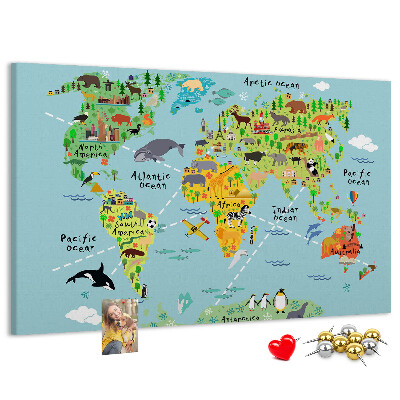 Bacheca in sughero mappa del mondo colorata con animali e continenti