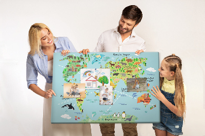 Bacheca in sughero mappa del mondo colorata con animali e continenti