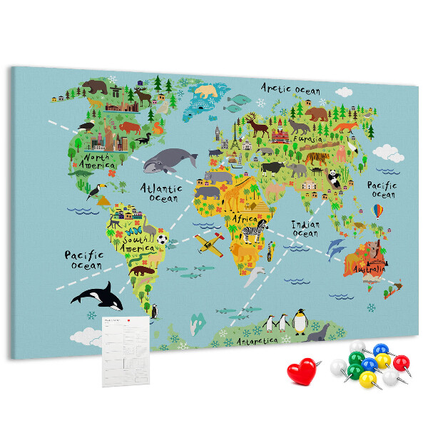 Bacheca in sughero mappa del mondo colorata con animali e continenti