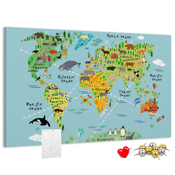 Bacheca in sughero mappa del mondo colorata con animali e continenti