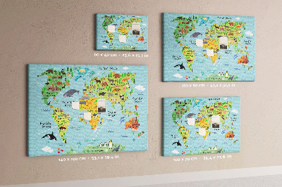Bacheca in sughero mappa del mondo colorata con animali e continenti