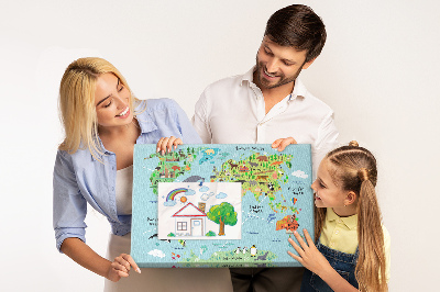 Bacheca in sughero mappa del mondo colorata con animali e continenti