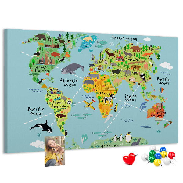 Bacheca in sughero mappa del mondo colorata con animali e continenti