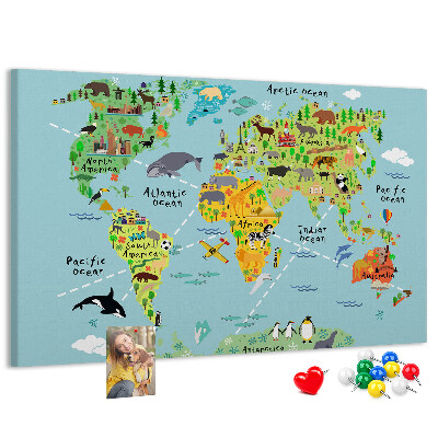 Bacheca in sughero mappa del mondo colorata con animali e continenti