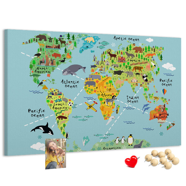 Bacheca in sughero mappa del mondo colorata con animali e continenti