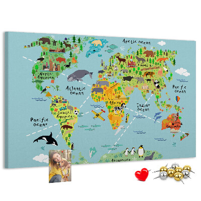 Bacheca in sughero mappa del mondo colorata con animali e continenti