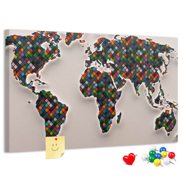 Bacheca in sughero mappa del mondo colorata a quadrati