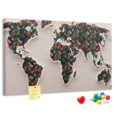 Bacheca in sughero mappa del mondo colorata a quadrati