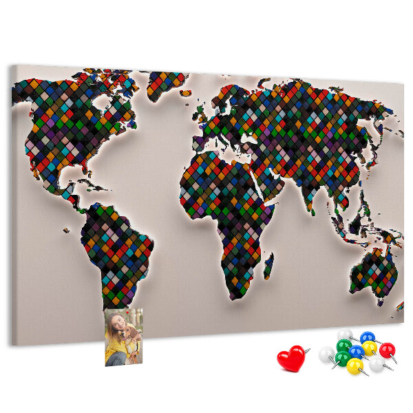 Bacheca in sughero mappa del mondo colorata a quadrati
