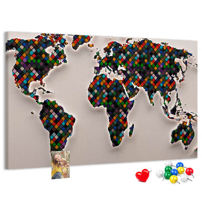 Bacheca in sughero mappa del mondo colorata a quadrati