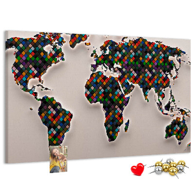 Bacheca in sughero mappa del mondo colorata a quadrati