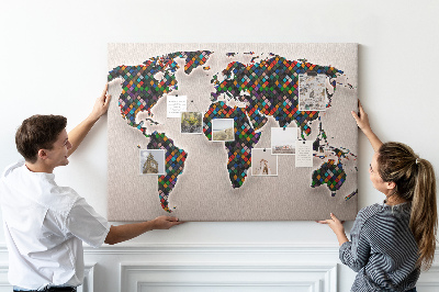 Bacheca in sughero mappa del mondo colorata a quadrati
