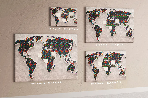 Bacheca in sughero mappa del mondo colorata a quadrati