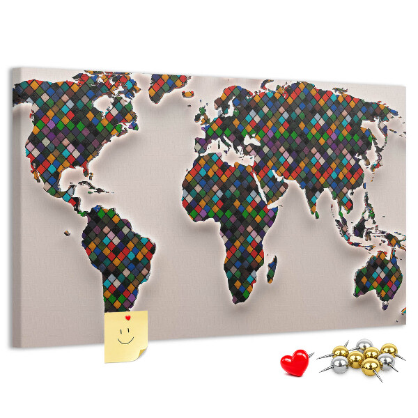 Bacheca in sughero mappa del mondo colorata a quadrati