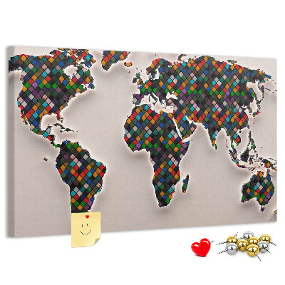 Bacheca in sughero mappa del mondo colorata a quadrati