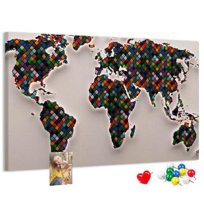 Bacheca in sughero mappa del mondo colorata a quadrati