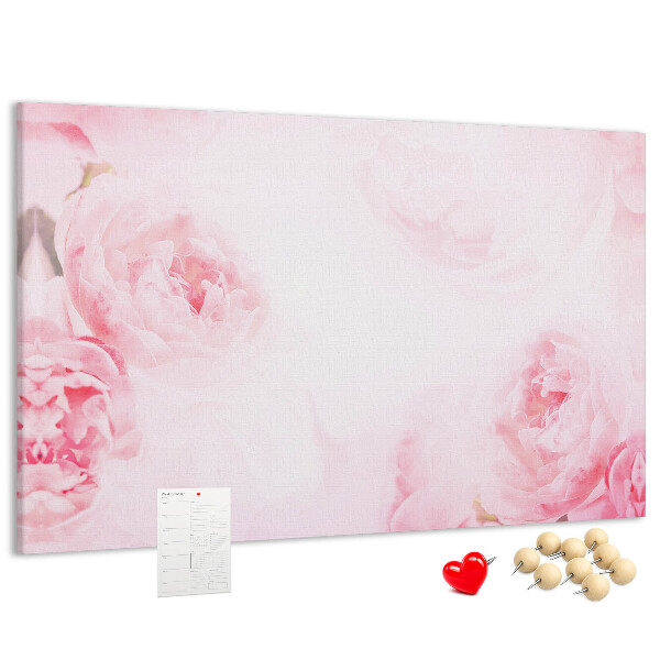 Bacheca in sughero con stampa di delicati fiori rosa su sfondo chiaro
