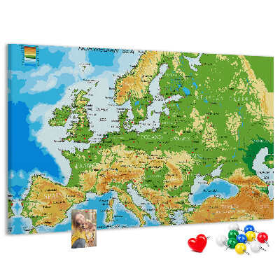 Lavagna di sughero mappa dell'Europa con indicazioni geografiche