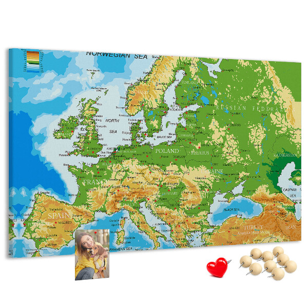 Lavagna di sughero mappa dell'Europa con indicazioni geografiche