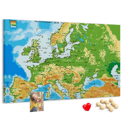 Lavagna di sughero mappa dell'Europa con indicazioni geografiche