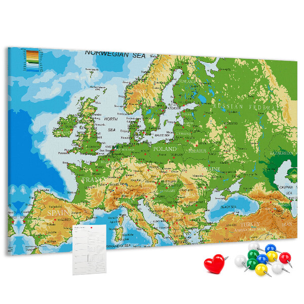 Lavagna di sughero mappa dell'Europa con indicazioni geografiche