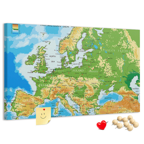 Lavagna di sughero mappa dell'Europa con indicazioni geografiche