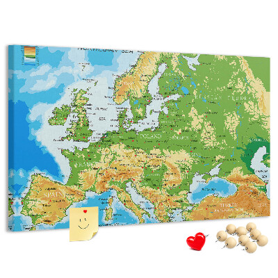 Lavagna di sughero mappa dell'Europa con indicazioni geografiche