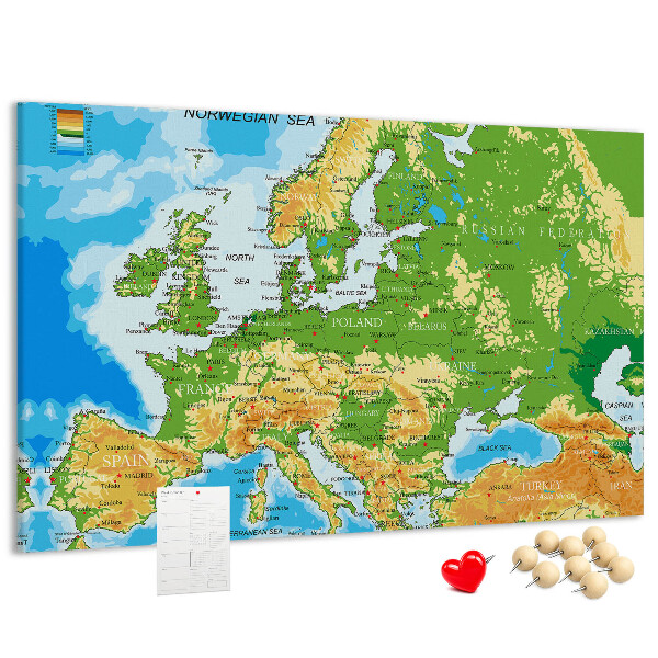 Lavagna di sughero mappa dell'Europa con indicazioni geografiche