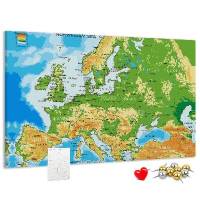 Lavagna di sughero mappa dell'Europa con indicazioni geografiche