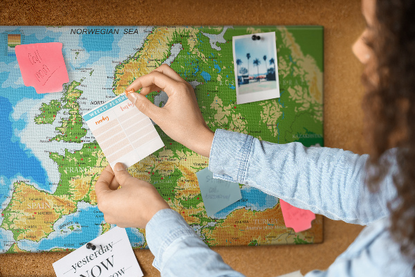 Lavagna di sughero mappa dell'Europa con indicazioni geografiche