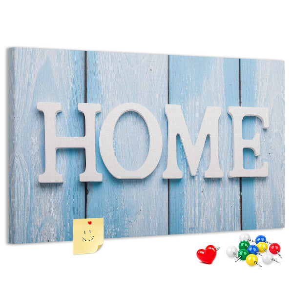 Bacheca in sughero con scritta decorativa Home su sfondo blu