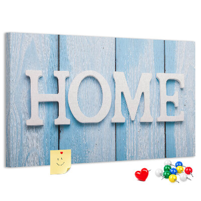 Bacheca in sughero con scritta decorativa Home su sfondo blu