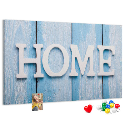 Bacheca in sughero con scritta decorativa Home su sfondo blu