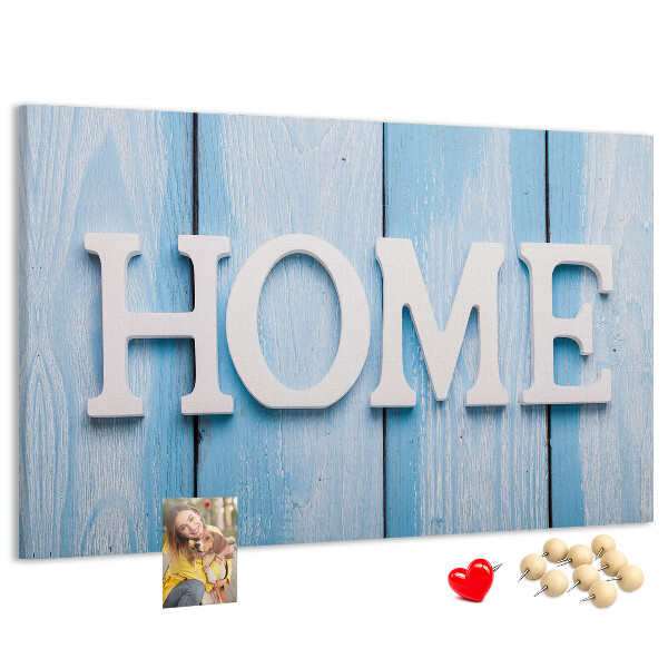 Bacheca in sughero con scritta decorativa Home su sfondo blu