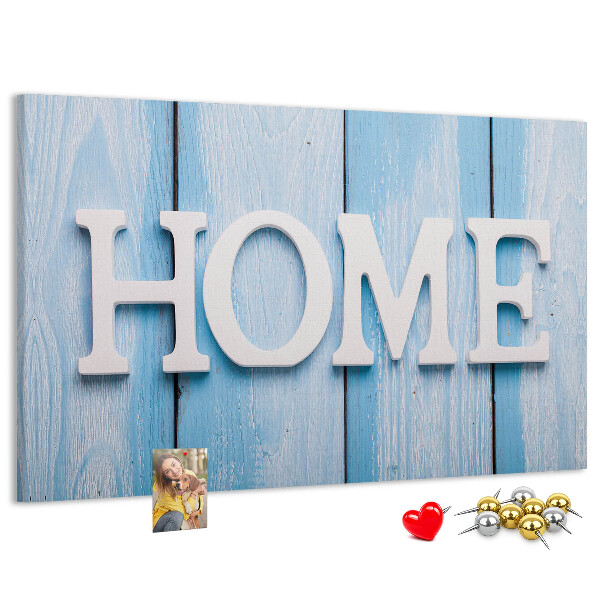 Bacheca in sughero con scritta decorativa Home su sfondo blu