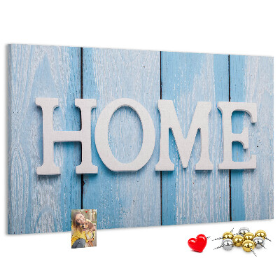 Bacheca in sughero con scritta decorativa Home su sfondo blu
