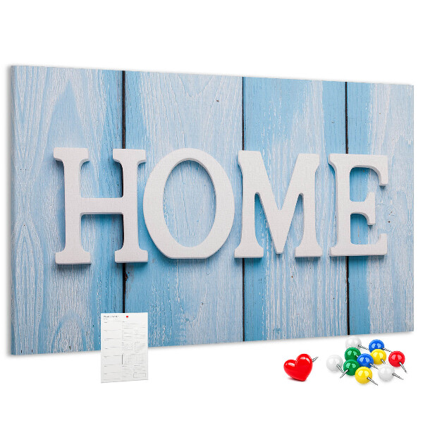 Bacheca in sughero con scritta decorativa Home su sfondo blu