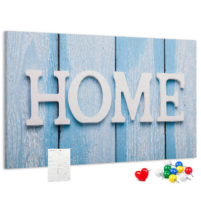 Bacheca in sughero con scritta decorativa Home su sfondo blu