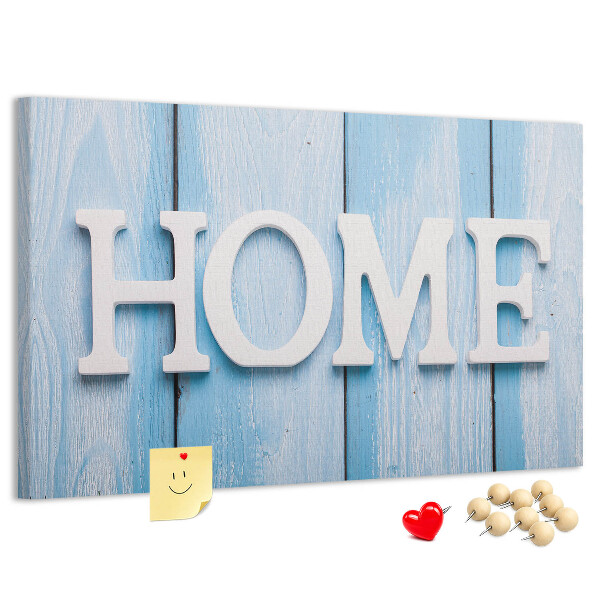 Bacheca in sughero con scritta decorativa Home su sfondo blu