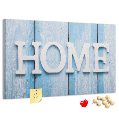 Bacheca in sughero con scritta decorativa Home su sfondo blu