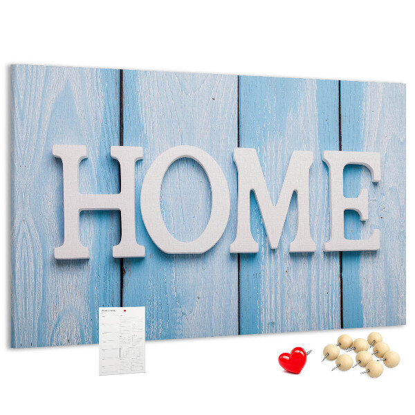 Bacheca in sughero con scritta decorativa Home su sfondo blu