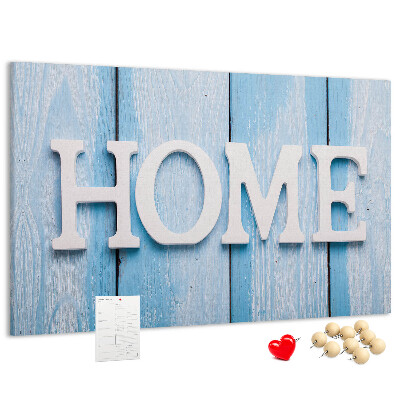 Bacheca in sughero con scritta decorativa Home su sfondo blu