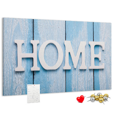 Bacheca in sughero con scritta decorativa Home su sfondo blu