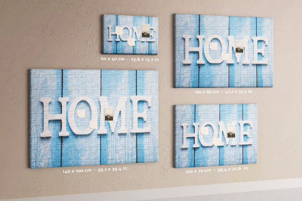 Bacheca in sughero con scritta decorativa Home su sfondo blu