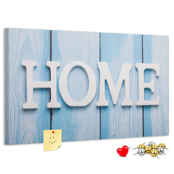 Bacheca in sughero con scritta decorativa Home su sfondo blu
