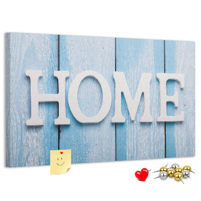 Bacheca in sughero con scritta decorativa Home su sfondo blu