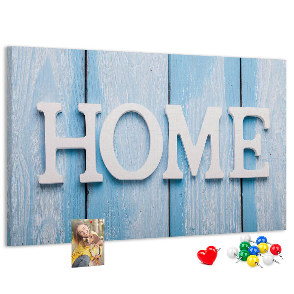 Bacheca in sughero con scritta decorativa Home su sfondo blu