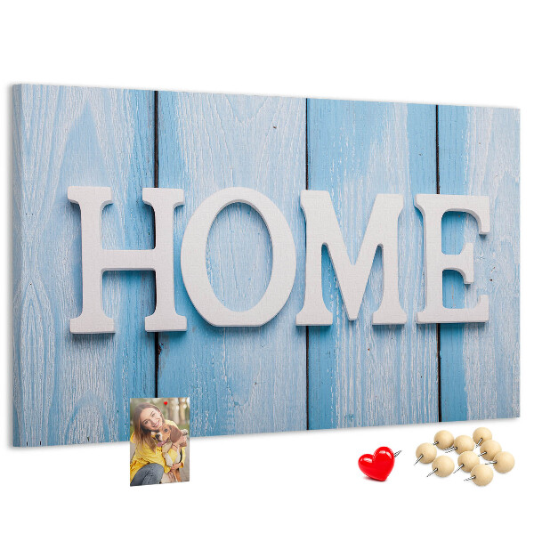 Bacheca in sughero con scritta decorativa Home su sfondo blu