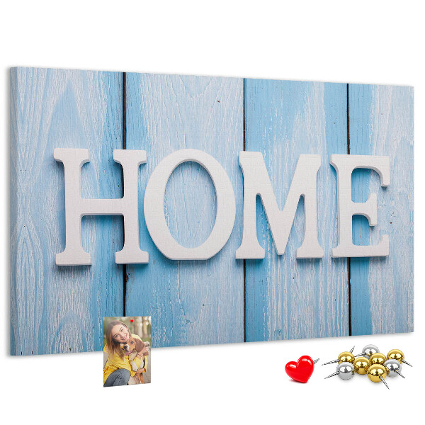 Bacheca in sughero con scritta decorativa Home su sfondo blu