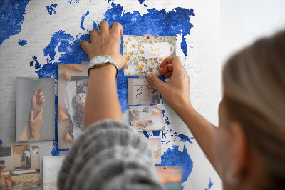 Bacheca in sughero mappa del mondo con grafica ad acquerello blu